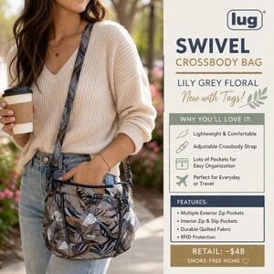 Lug Swivel Crossbody Bag NWT Lily Grey Floral Lightweight Travel RFID Purse